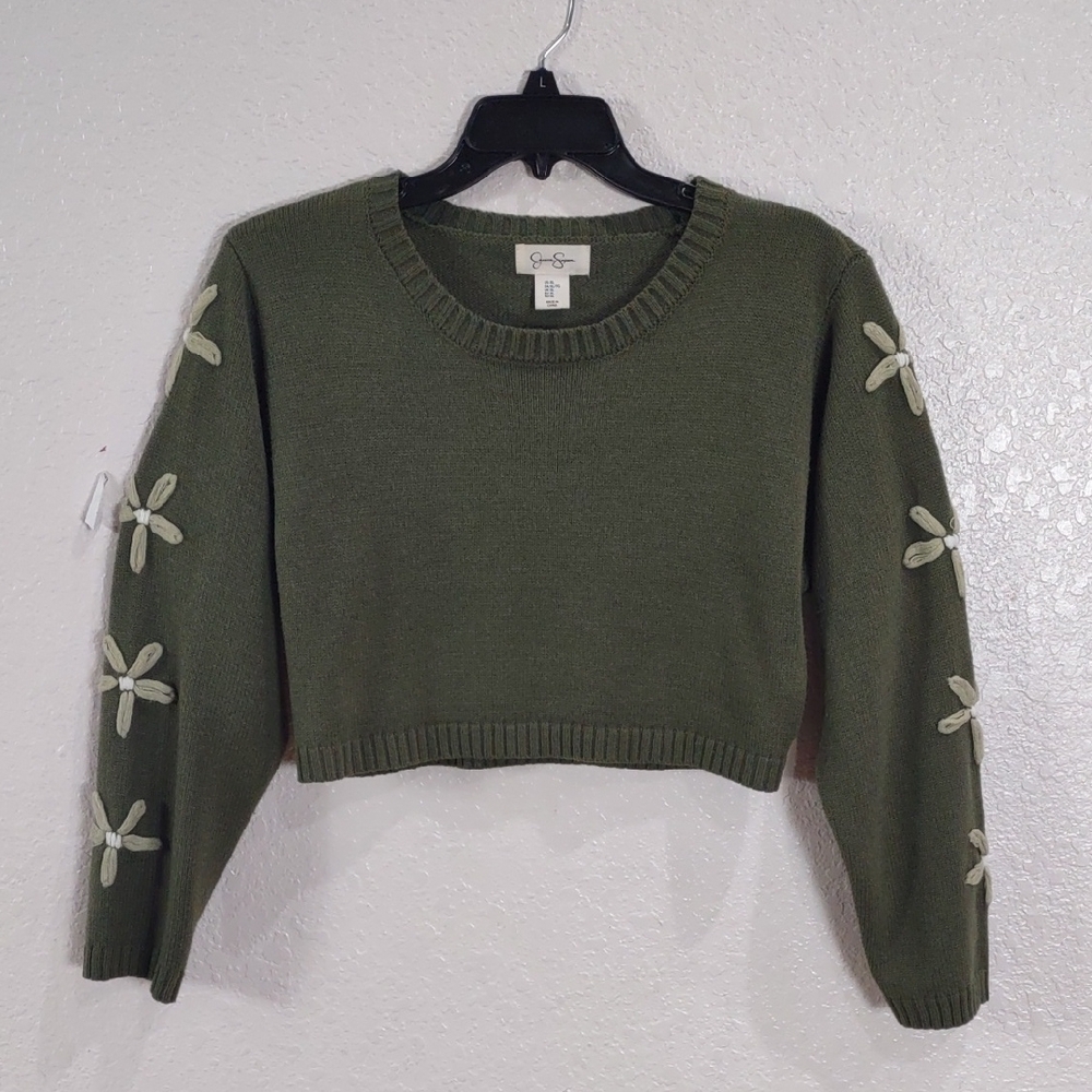 JESSICA SIMPSON, Size XL Green Sweater with Floral Sleeve Design
